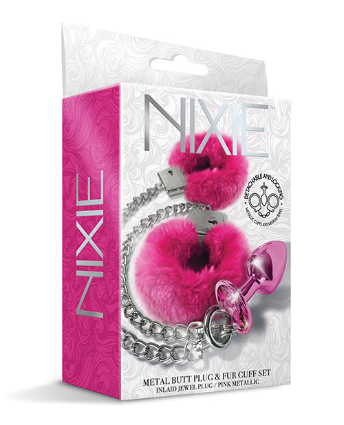 Nixie Bondage Restraint Set Pink Metal Butt Plug Detachable Faux Fur Handcuffs for Couples Play