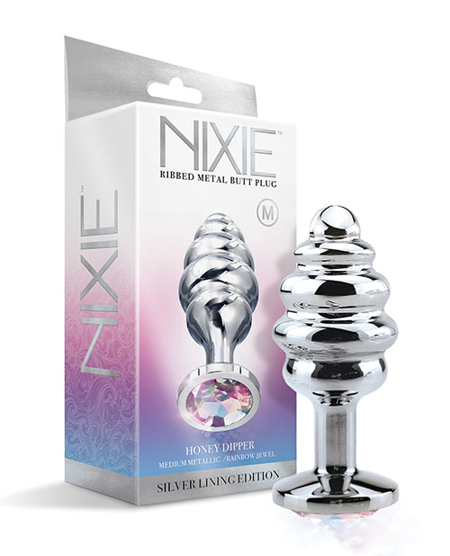 Nixie anal butt plug ribbed metal rainbow jewel tapered shape for body-safe pleasurable sensation