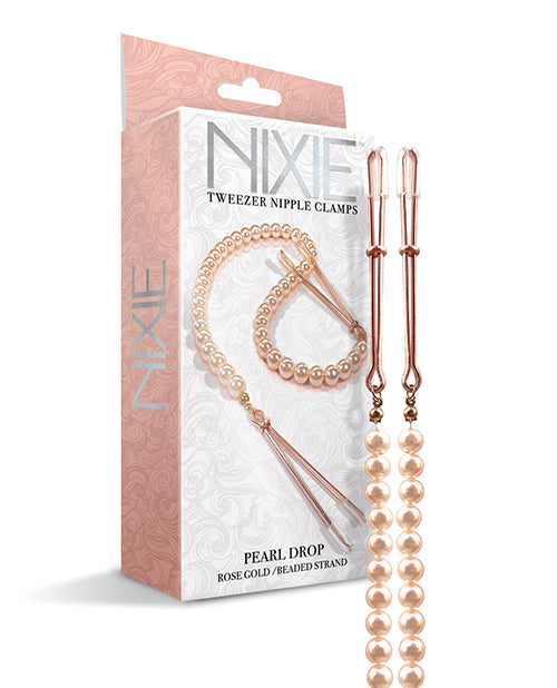 Nixie Bondage Tweezer Nipple Clamps with Rose Gold Beaded Strand and Adjustable Rubber Tips for Elegant Sensory Play