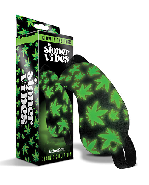 Stoner Vibes Bondage Blindfold Glow-in-the-Dark Cannabis Print with Wide Elastic Strap for Sensory Play