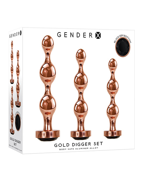 Gender X Anal Plug Set Rose Gold with 3 Sizes and Black Gem Bases for Sensation Temperature Play