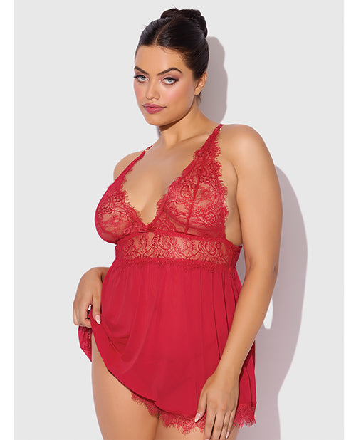 House of Desire Lingerie Plus Size Mesh Babydoll with Eyelash Lace and Open-Back Design for Curvy Comfort