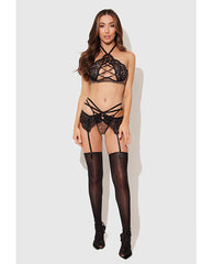 Felicia Mesh and Lace Bralette w/Garter & G-String 3 pc Set - Leopard MD
