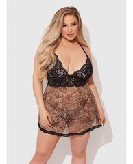 Felicia Mesh and Lace Babydoll w/G-String 2 pc Set - Leopard 3X/4X