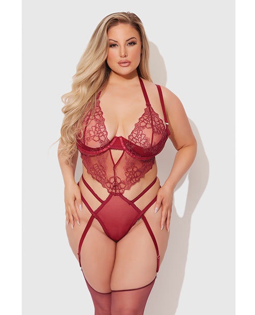 House of Desire Plus Size Teddy with Embroidered Lace, Mesh Panels, and Lurex Accents for Curvaceous Confidence