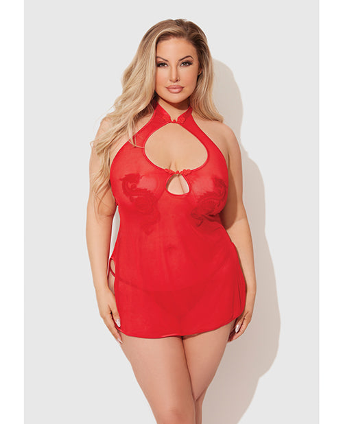 House of Desire Plus Size Chemise with Sheer Mesh and Dragon Appliqué Keyhole Back for Elegant Evening Lingerie