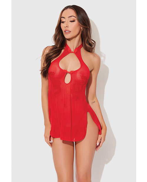 House of Desire Lingerie Mesh Chemise with Dragon Applique and Satin Open Back for Striking Bedroom Elegance