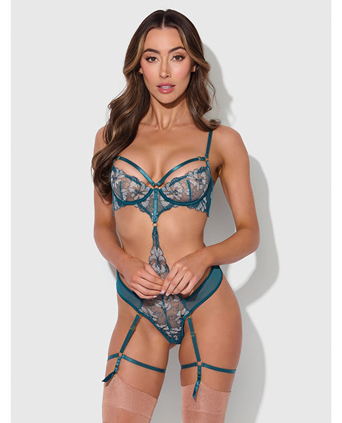 House of Desire Lingerie Glow-in-the-Dark Mesh and Lace Teddy with Thigh Garters for Nighttime Allure
