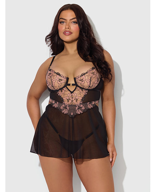 House of Desire Plus Size Babydoll Set Blacklight Lace V-Bodice and Mesh Skirt for Glowing Nightwear