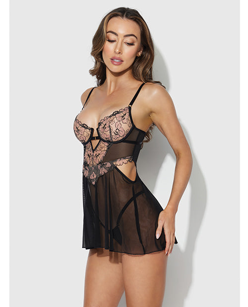 House of Desire lingerie blacklight lace babydoll embroidered mesh with matching G-string for glowing plus size allure