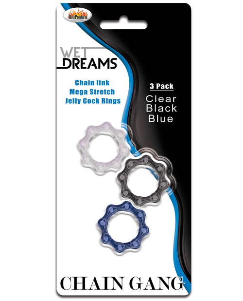 Wet Dreams Penis Enhancement Chain Link Mega Stretch Cock Rings Set Assorted Colors for Enhanced Support