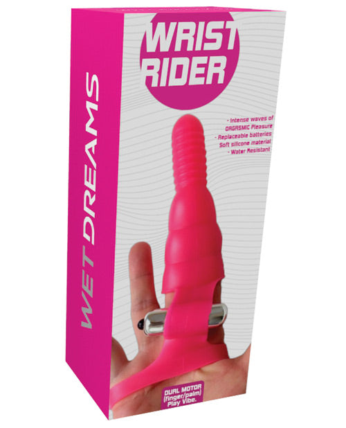 Wet Dreams Finger Play Sleeve dual motor hot pink stimulator with wrist strap for enhanced pleasure