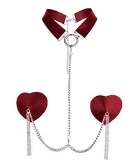 Nipplicious Bondage Set Leather Collar Red Erotic Nipple Pasties with Chain for Intimate Restraint Play