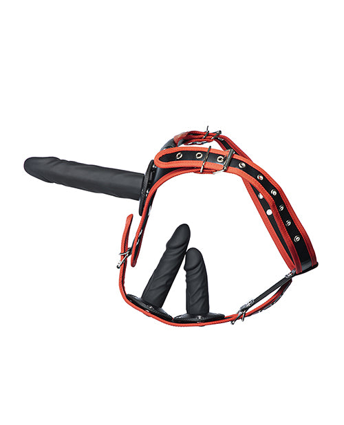 Honey Play Box Strap-On Harness Adjustable PU Leather with Triple Dildo Set for Intimate Multi-Penetration Play