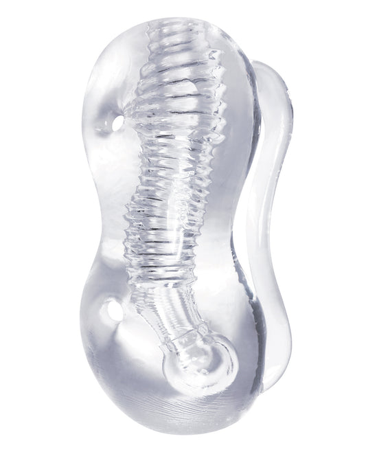 The 9's Clear Stroke Twister Masturbator with Ribbed Tunnel and Grip Handle