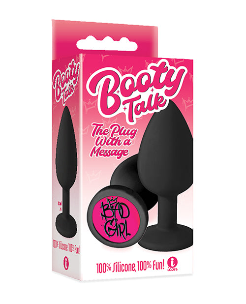 The 9s Black Silicone Butt Plug with Playful Booty Talk Message and Flared Base for Comfortable Anal Play