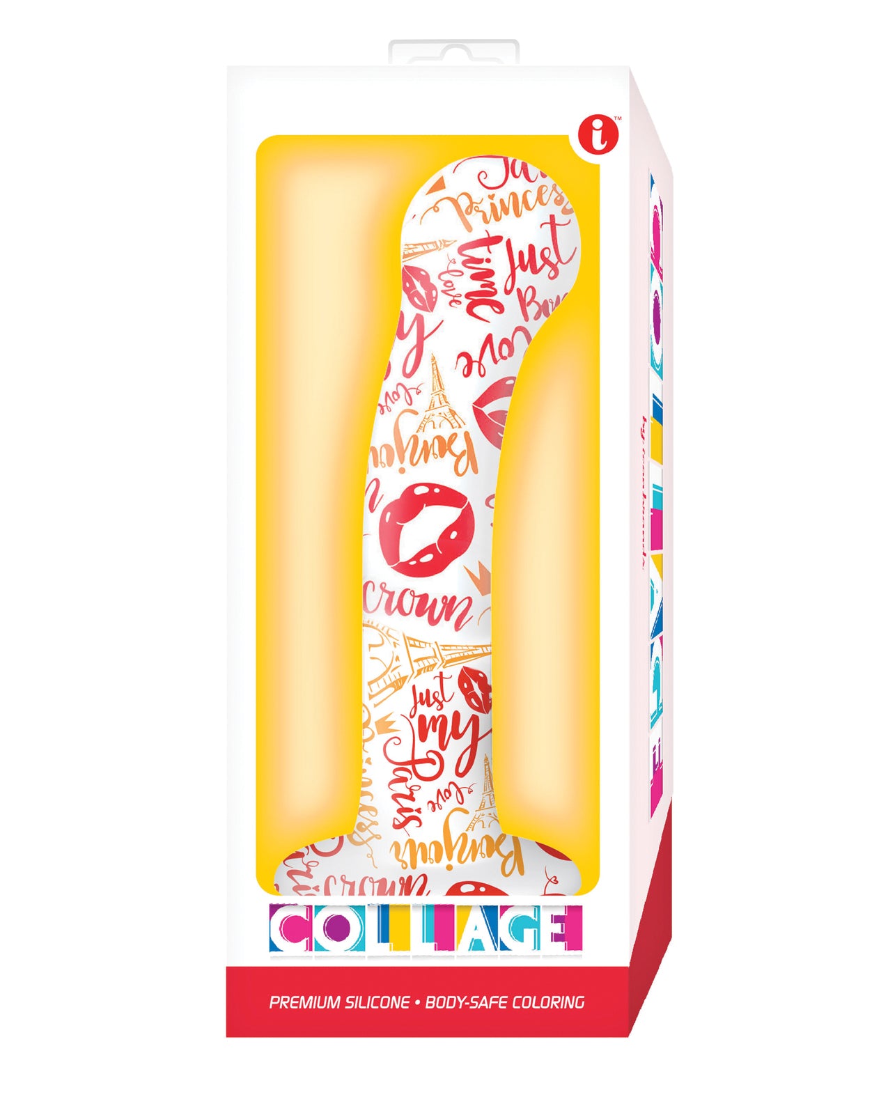 Collage silicone dildo with Paris tattoo design and ultra-grip suction cup for harness-compatible G spot pleasure