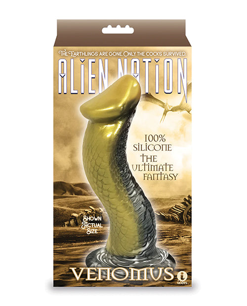 Alien Nation Silicone Dildo with Sinewy Shape and Metallic Silver Gold Swirl for Fantasy Pleasure