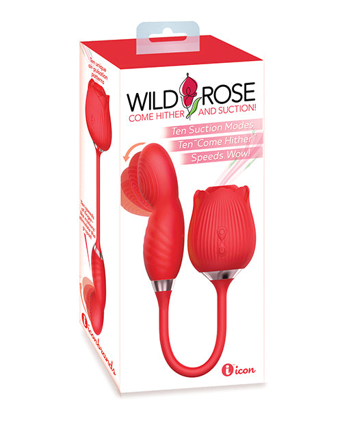 Wild Rose Stimulator Silicone Suction Vibrator Come Hither Motion in Cherry Red for Dual Stimulation and G-Spot Pleasure