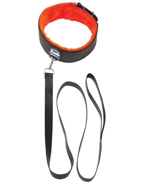 Orange Fur-Lined Bondage Collar with Short Leash and Strong Metal Clips