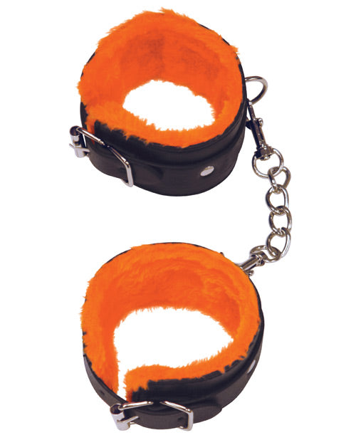 Faux-Fur Lined Orange Leatherette Wrist Love Cuffs