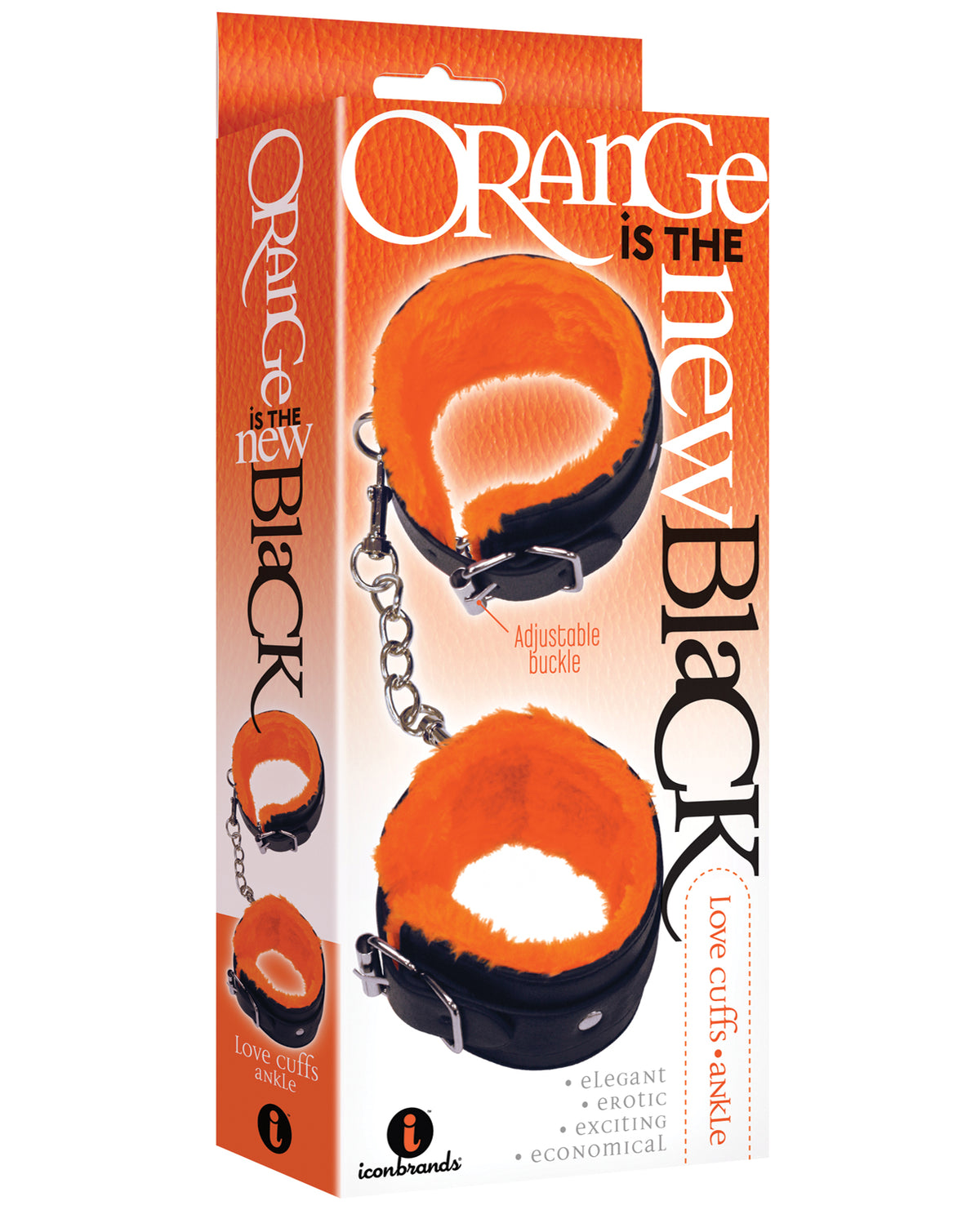 The 9s bondage ankle cuffs faux-fur lining orange leatherette trim with metal buckles for secure and comfortable restraint play