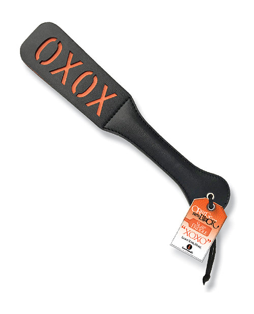 The 9s Leather Bondage Paddle Handmade XOXO Impression with Orange Stitching for Sensory Play