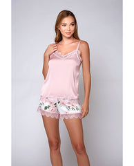 iCollection Lingerie Satin Cami and Floral Shorts Set Stretch Lace Trim for Comfortable Eco Sleepwear