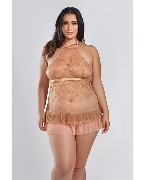 iCollection Lingerie Plus Size Lace Babydoll with Halter Neck and Tiered Pleated Mesh Skirt for Elegant Lingerie Looks