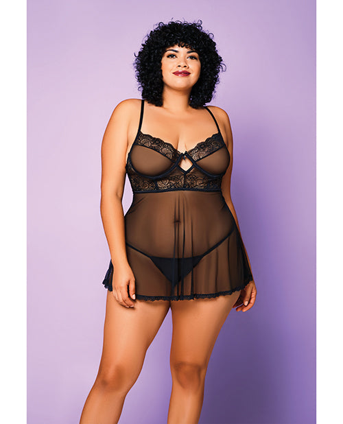 Glitter Lingerie - Plus Size Soft Mesh Babydoll with Keyhole Front and Lace Trim for Elegant Curvy Fit