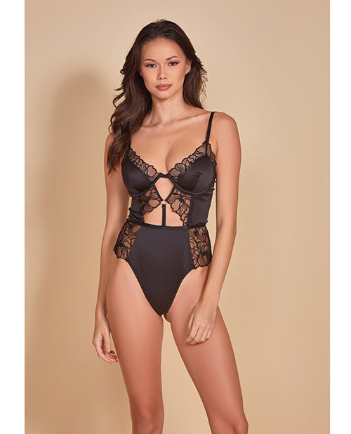 Hauty Lingerie Satin & Embroidered Mesh Teddy with Underwire and Strappy Keyholes for Elegant Intimate Wear