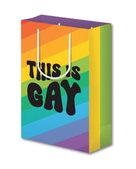 Kush Kards Gift Bag with Rainbow Stripes and White Cord Handles for LGBTQ+ Celebrations and Gift Giving