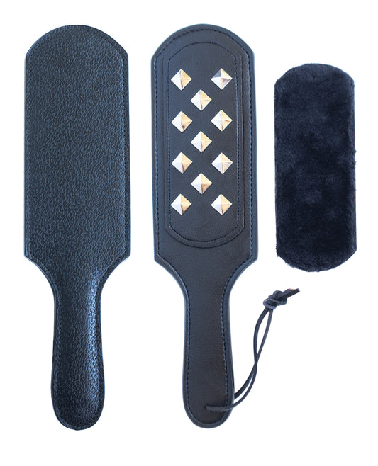 Kinklab Bondage Paddle with Smooth Leather, Metal Studs, and Fur Pad for Versatile Sensation Play