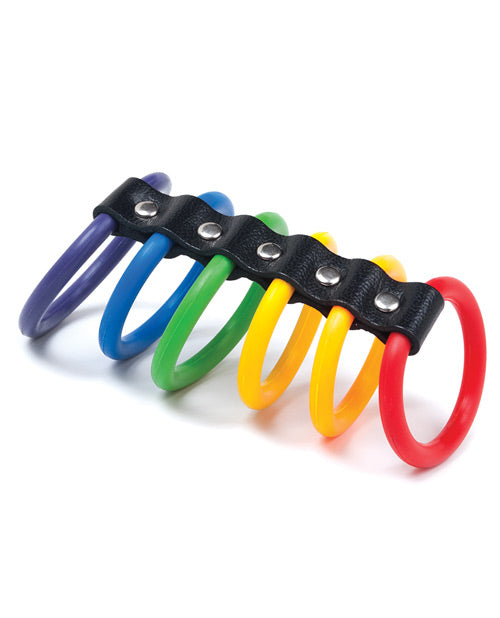 KinkLab Chastity Device Rainbow Silicone Rings Leather Strap for Colorful Pride Play