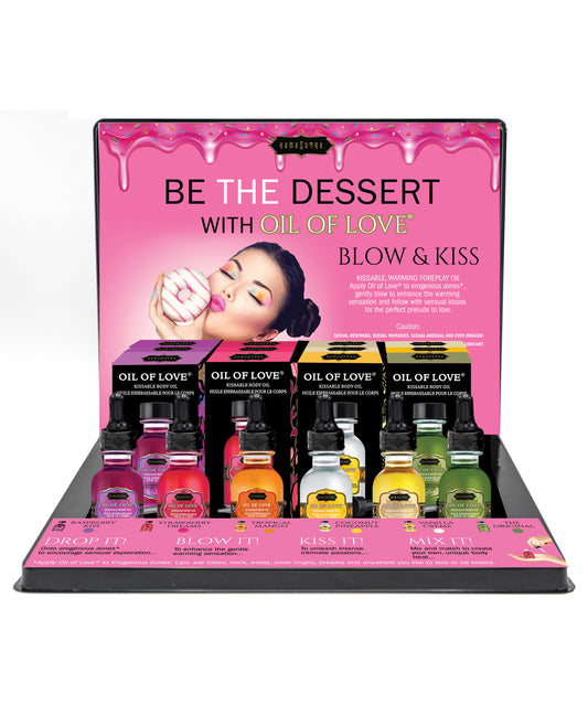Kama Sutra Oil of Love Display Assorted Flavored Massage Oils with Testers for Sensual Massage and Retail Sampling