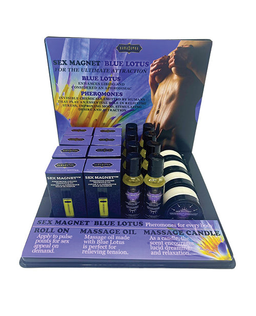 Kama Sutra Pheromone Prepack Display Set with Blue Lotus Roll-Ons, Massage Oils, and Candles for Enhanced Intimacy