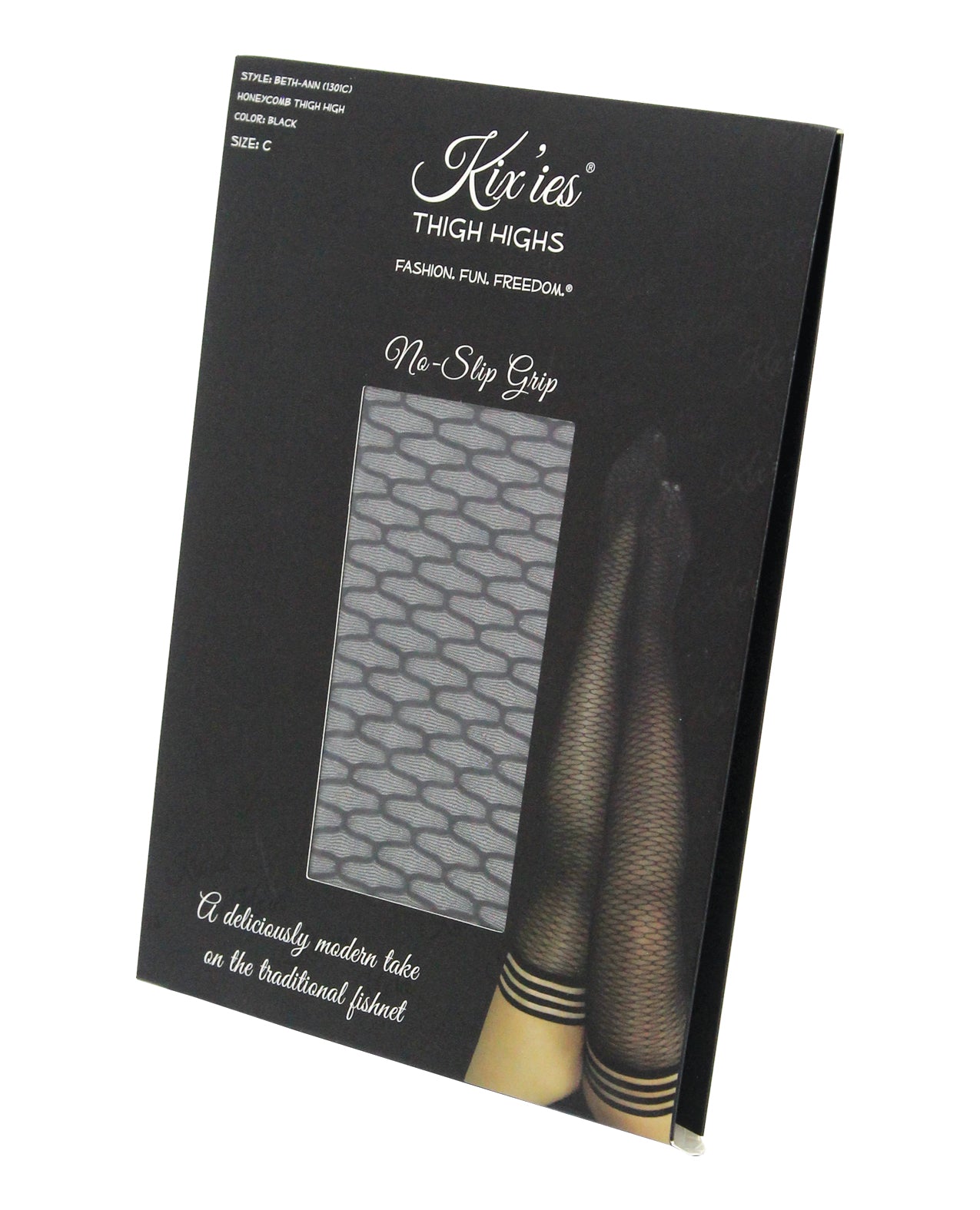 Black Honeycomb Fishnet Thigh-High Tights with Stay-Up Band by Kix'ies, Size C