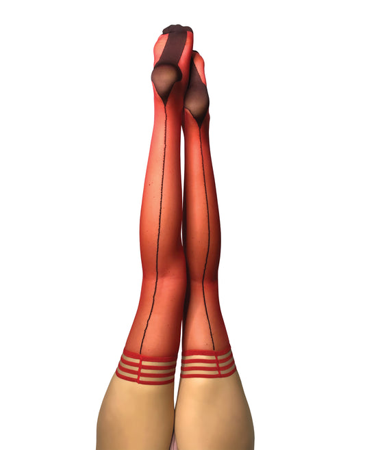 Kix'ies Lingerie Sheer Cuban Heel Thigh Highs Red with Black Backseam for All-Day Comfort and Versatile Styling