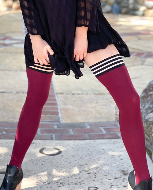 Kixies Lingerie Opaque Thigh-Highs No-Slip Grip Cranberry Tights for All-Day Wear