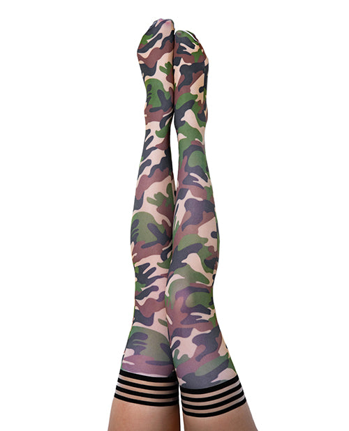 Kix'ies Lingerie Thigh High Stockings Camouflage Print No-Slip Grip for Comfortable All-Day Wear