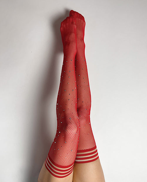 Kix'ies Lingerie Fishnet Thigh Highs Rhinestone Detailing Sheer Design for Glamorous Styling