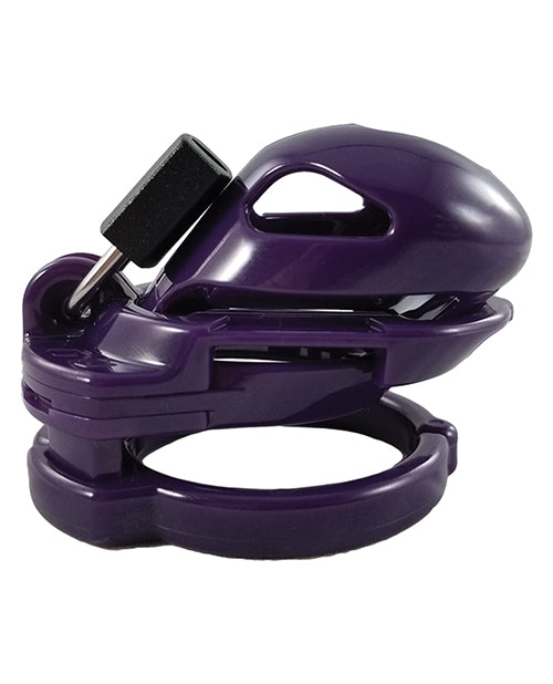 Locked in Lust purple male chastity cage anti-pullout system hygiene drain for secure long-term wear