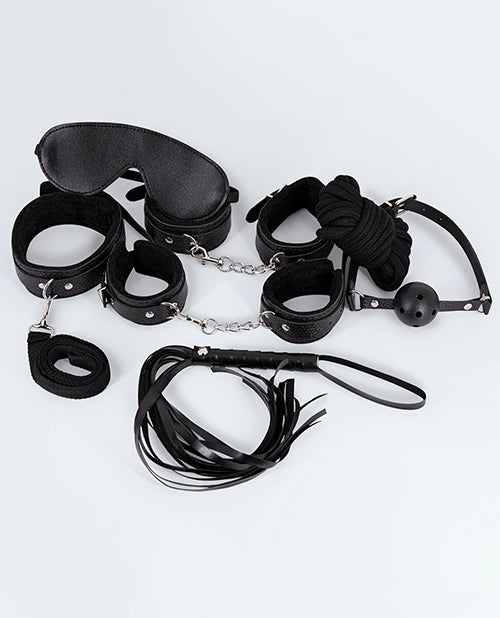 Lust Bondage Set PU Leather 7 Piece Faux Fur Lining Adjustable Cuffs for Sensual Restraint Play