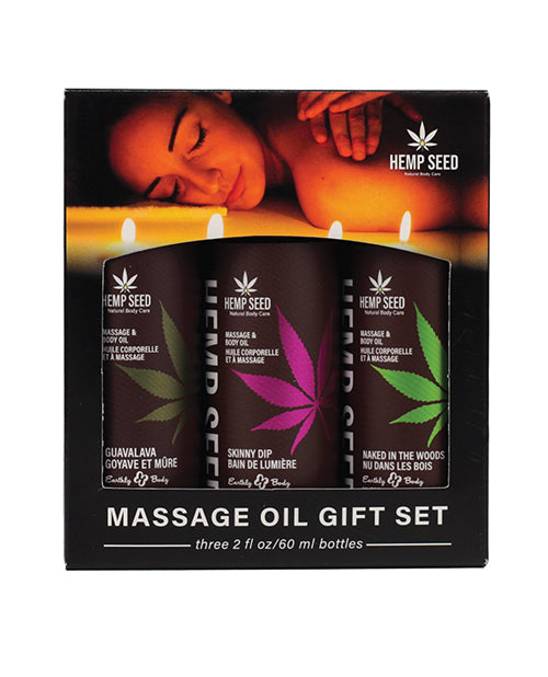 Earthly Body Massage Oil Gift Set with Skinny Dip, Guavalava, and Naked in the Woods fragrances for soothing massage sessions