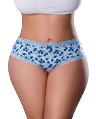 Exposed Plus Size Crotchless Boy Short Blueberry Print with Lace and Edible Lube for Playful Intimate Lingerie