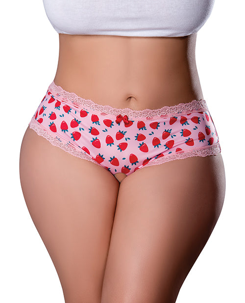 Exposed Plus Size Lingerie Crotchless Boy Short with Strawberry Print and Edible Lube for Playful Intimacy