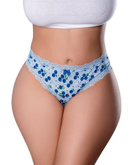 Exposed Plus Size Crotchless Thong with Fruit Print and Blueberry Edible Lube for Playful Intimacy