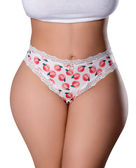 Exposed plus size crotchless thong with fruit print and included peach edible lube for playful lingerie experiences