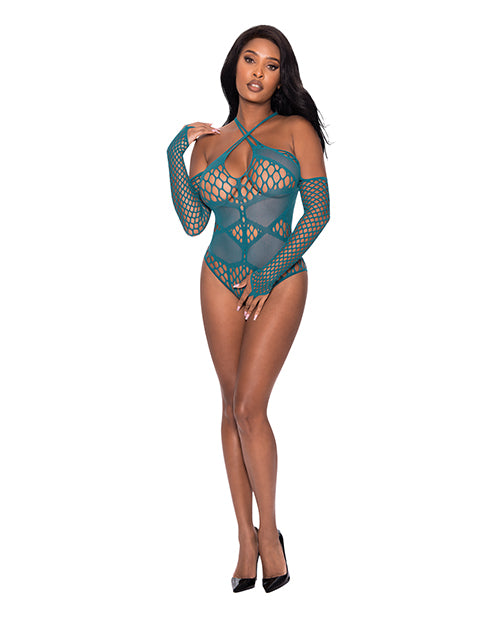 Exposed Lingerie Seamless Long Sleeve Teddy with Cross Strap and Finger Attachments for Flattering Comfortable Fit