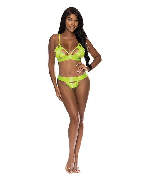Exposed Lingerie Set Neon Yellow Bra with Bondage Straps and Crotchless Panty for Statement Style and Comfort